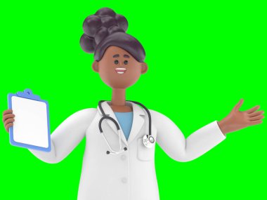 Erkek Doktor Iverson 'ın 3 boyutlu resmi davetkar bir jest gösteriyor. Mutlu beyaz erkek uzman 3D görüntüleme ve kırpma yolu için Yeşil Ekran 'da..