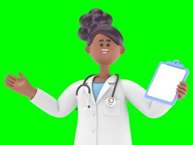 Erkek Doktor Iverson 'ın 3 boyutlu resmi davetkar bir jest gösteriyor. Mutlu beyaz erkek uzman 3D görüntüleme ve kırpma yolu için Yeşil Ekran 'da..