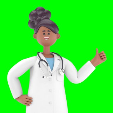 Erkek Doktor Iverson 'ın 3 boyutlu çizimi başparmağını yukarı kaldırıyor. Yeşil Ekran Mockup3D görüntüleme ve kırpma yolu için Yeşil Ekran' da görüntüleniyor..