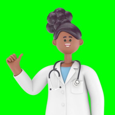 Erkek Doktor Iverson 'ın 3 boyutlu çizimi başparmağını yukarı kaldırıyor. Yeşil Ekran Mockup3D görüntüleme ve kırpma yolu için Yeşil Ekran' da görüntüleniyor..