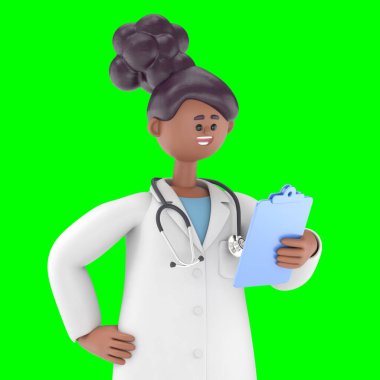 Erkek Doktor Iverson 'ın 3D illüstrasyonunda pano var. Yeşil Ekran Mockup3D görüntüleme ve kırpma yolu için Yeşil Ekran.