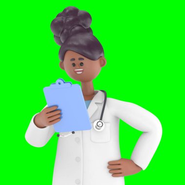 Erkek Doktor Iverson 'ın 3D illüstrasyonunda pano var. Yeşil Ekran Mockup3D görüntüleme ve kırpma yolu için Yeşil Ekran.