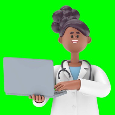 Doktor Iverson 'ın dizüstü bilgisayarı tutarken çekilmiş 3 boyutlu bir resmi. Yeşil Ekran Mockup.3D görüntüleme ve kırpma yolu için Yeşil Ekran.