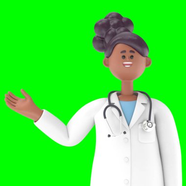 Erkek Doktor Iverson 'ın büyük fonlu 3 boyutlu resmi. Çizgi film karakterlerinin portreleri ekranı işaret eden adam, mavi arka planda izole edilmiş tıbbi sunum klipsi.