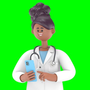 Erkek Doktor Iverson 'ın elinde akıllı telefon ve simgeler tutarken üç boyutlu görüntüsü. Yeşil Ekran Mockup.3D görüntüleme ve kırpma yolu görüntüsü için görüntüleniyor..