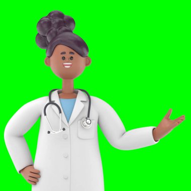 Erkek Doktor Iverson 'un piyasa eğilimlerini analiz ettiği 3 boyutlu illüstrasyon, Yeşil Ekran Mockup3D görüntüleme ve kırpma yolu için Yeşil Ekran.