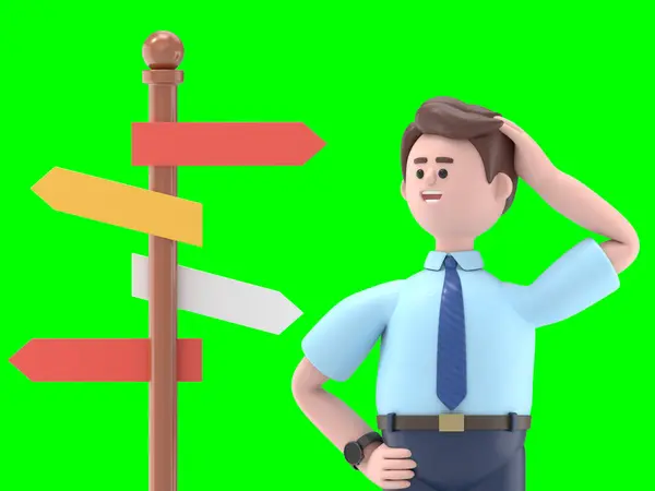 3D resimde gülümseyen Asyalı Felix 'in yol ayrımında dikilip yeşil ekran görüntüsü ve kesme yolu için 3 boyutlu ok işaretine baktığı görülüyor..