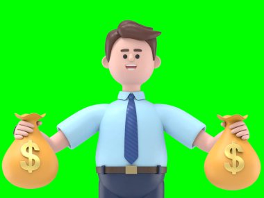 Asyalı Felix 'in 3 boyutlu resmi kollarında duruyor ve sarılıyor büyük para paketi 3D paketlenmiş görüntüler ve kırpma yolu için Yeşil Ekran' da.