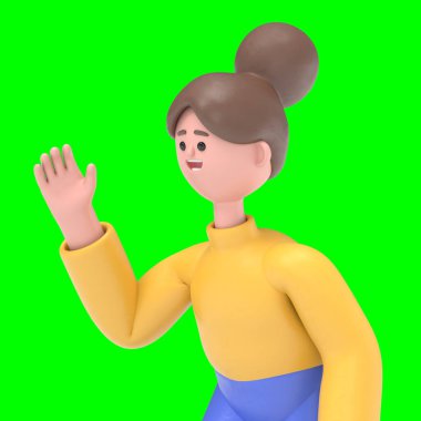 Asyalı kadın Angela 'nın 3 boyutlu illüstrasyonu. Yeşil Ekran Mockup.3D görüntüleme ve kırpma yolu için Yeşil Ekran.