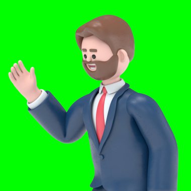 Sakallı Amerikalı iş adamı Bob 'un 3 boyutlu resmi. Yeşil Ekran Mockup3D görüntüleme ve kırpma yolu için Yeşil Ekran.