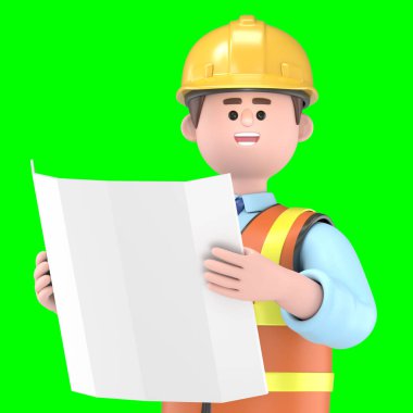 Bir çizim ile erkek mühendis Owen 'ın 3 boyutlu çizimi. Yeşil Ekran Mockup3D görüntüleme ve kırpma yolu için Yeşil Ekran.