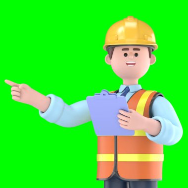 Bilgi Sunumu olarak erkek mühendis Owen ve Boş Tahta, Yeşil Ekran Mockup.3D görüntüleme Yeşil Ekran görüntüleme ve kırpma yolu.