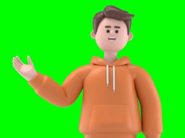 3D resimde gülümseyen Asyalı erkek Qadir ekranı işaret ediyor, Yeşil Ekran Mockup3D görüntüleme ve kırpma yolu için Yeşil Ekran.