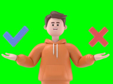 Gülümseyen erkek Qadir 'in 3 boyutlu resmi. Yeşil Ekran Mockup.3D görüntüleme ve kırpma yolu için Yeşil Ekran' a yansıtılıyor..