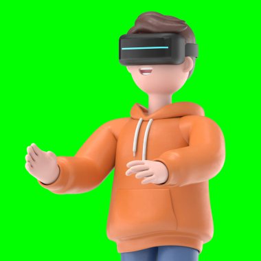 Sanal gerçeklikte gülümseyen erkek Qadir 'in gelecekteki teknolojiyle oynadığı 3 boyutlu illüstrasyon. Yeşil Ekran Mockup3D görüntüleme ve kırpma yolu için Yeşil Ekran.