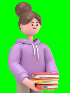 Asyalı kız Renae 'nin 3D çizimi bir sürü kitapla, Yeşil Ekran Mockup3D görüntüleme ve kırpma yolu için Yeşil Ekran' da çok çalıştı.