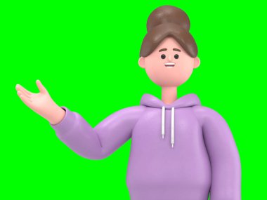 Asyalı bir kız Renae 'nin 3 boyutlu resmi ekranı işaret ediyor, Yeşil Ekran Mockup.3D görüntüleme ve kırpma yolu için Yeşil Ekran.