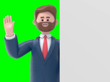 Sakallı Amerikalı iş adamı Bob 'un 3 boyutlu resmi, boş posterin arkasında duruyor, Yeşil Ekran Mockup.3D görüntüleme ve kesme yolu için Yeşil Ekran.