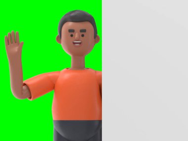 Yakışıklı afro adam David 'in 3 boyutlu resmi, boş posterin arkasında duruyor, Yeşil Ekran Mockup.3D görüntüleme ve kırpma yolu için Yeşil Ekran' da..