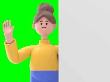 Asyalı Angela 'nın 3 boyutlu resmi, boş posterin arkasında duruyor, Yeşil Ekran Mockup3D görüntüleme ve kırpma yolu için Yeşil Ekran.