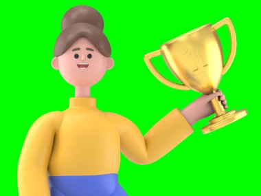 Elinde kupa ve evrak çantasıyla başarılı bir iş adamı zaferini kutluyor. Yeşil Ekran Mockup.3D görüntüleme ve kırpma yolu için Yeşil Ekran.