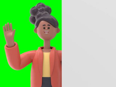 Afro-Amerikan kadın Coco 'nun 3 boyutlu resmi, boş posterin arkasında duruyor, Yeşil Ekran Mockup.3D görüntüleme ve kırpma yolu için Yeşil Ekran.