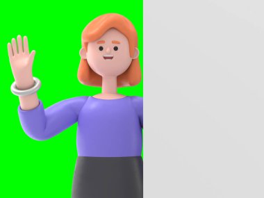 Avrupalı iş kadını Ellen 'ın üç boyutlu resmi, boş posterin arkasında duruyor, Yeşil Ekran Mockup.3D görüntüleme ve kırpma yolu için Yeşil Ekran.