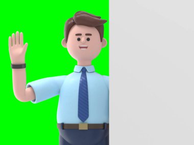 Asyalı Felix 'in 3 boyutlu resmi, boş posterin arkasında duruyor, Yeşil Ekran Mockup3D görüntüleme ve kırpma yolu için Yeşil Ekran.