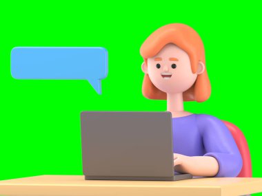 Avrupalı iş kadını Ellen 'ın dizüstü bilgisayarlı 3D görüntüsü. Yeşil Ekran Mockup.3D görüntüleme ve kırpma yolu için Yeşil Ekran.