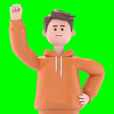 Gülümseyen işadamı Qadir- kazananın 3 boyutlu çizimi, sıkılmış yumruk hareketi. Yeşil Ekran Mockup.3D görüntüleme ve kırpma yolu.