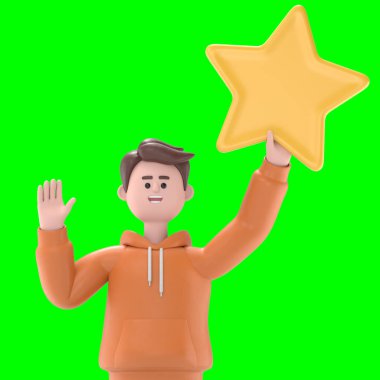 Erkek adam Qadirn 'in el sallayarak selam verirken ve büyük bir yıldız tutarken üç boyutlu resmi. Yeşil Ekran Mockup.3D görüntüleme ve kırpma yolu için Yeşil Ekran.
