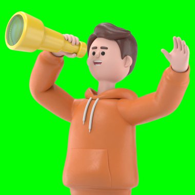 Erkek Qadir 'in 3 boyutlu görüntüsü teleskoptan bakıyor. Yeşil Ekran Mockup3D görüntüleme ve kırpma yolu için Yeşil Ekran.