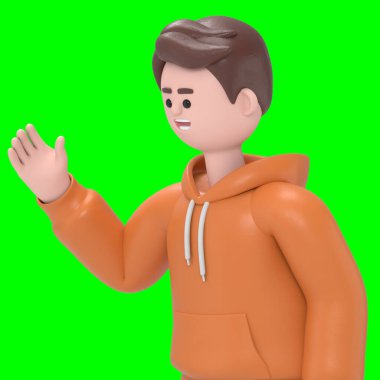 Erkek adam Qadir 'in megafonla yaptığı üç boyutlu illüstrasyon, vektör karikatür çizimi. Görüntü ve kırpma yolu için Yeşil Ekran 'da siyah ve beyaz 3D görüntüleme.