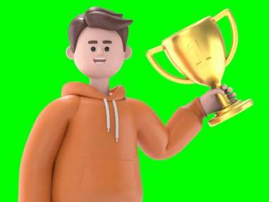 Elinde kupa ve çantayla başarılı bir iş adamı, Yeşil Ekran Mockup.3D görüntüleme ve kırpma yolu için Yeşil Ekran 'da..