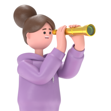 Finansal bilgilere bakmak için teleskop kullanan Asyalı kız Renae 'nin 3D çizimi. Şeffaf Arkaplan Mockup.Şeffaf PNG dosyalarını şeffaf arkaplana aktarır.