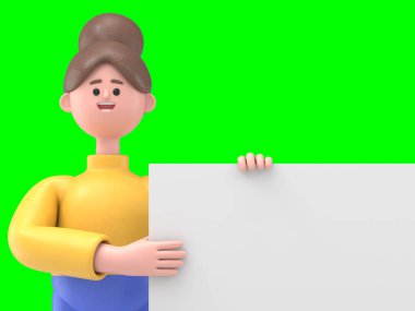Asyalı kadın Angela 'nın 3 boyutlu resmi beyaz boş tahtayla duruyor. Yeşil Ekran Mockup3D görüntüleme ve kırpma yolu için Yeşil Ekran.
