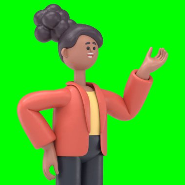 Afro-Amerikan kadının 3 boyutlu resmi Coco işaret ediyor ekranda, Yeşil Ekran Mockup3D görüntüleme ve kırpma yolu için Yeşil Ekran.