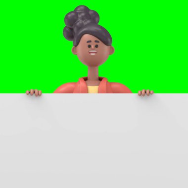 3 boyutlu afro-amerikan kadın Coco 'nun el kaldırışı, boş 3D' nin arkasında duruyor. Yeşil ekranda görüntüler ve kırpma yolu için..