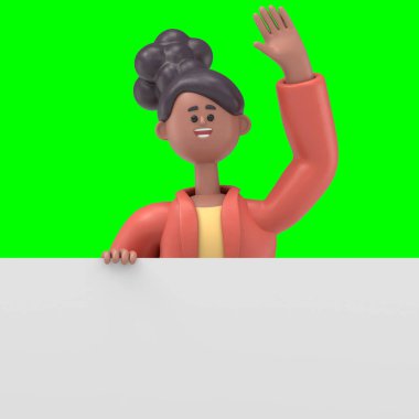 3 boyutlu afro-amerikan kadın Coco 'nun el kaldırışı, boş 3D' nin arkasında duruyor. Yeşil ekranda görüntüler ve kırpma yolu için..