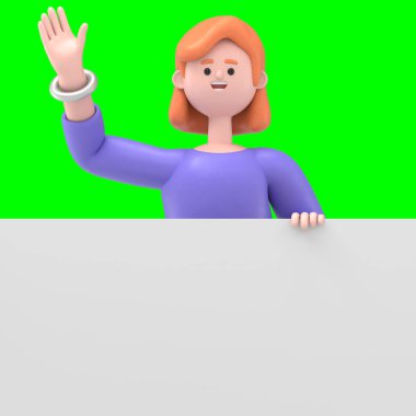 Avrupalı iş kadını Ellen 'ın el kaldırarak üç boyutlu resmi, Yeşil Ekran' daki boş 3D görüntünün arkasında duruyor..