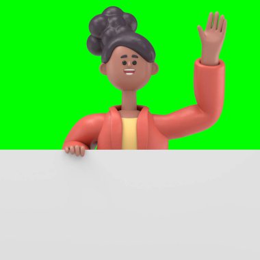3 boyutlu afro-amerikan kadın Coco 'nun el kaldırışı, boş 3D' nin arkasında duruyor. Yeşil ekranda görüntüler ve kırpma yolu için..