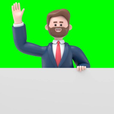 Sakallı Amerikalı işadamı Bob 'un 3 boyutlu resmi, Yeşil Ekran' daki boş 3D görüntünün arkasında duruyor..