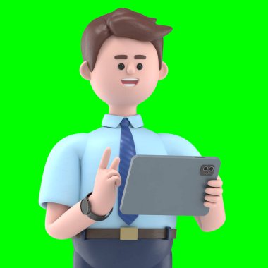 Asyalı Felix 'in tablet tutarken 3 boyutlu resmi. Yeşil Ekran Mockup.3D görüntüleme ve kırpma yolu için Yeşil Ekran.