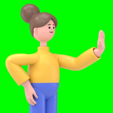 Asyalı Angela 'nın 3 boyutlu resmi, elini uzatarak dur işareti göstermesi, Yeşil Ekran' da 3D görüntünün görüntülenmesini ve kırpma yolunu engellemesi..