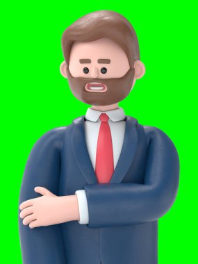 Sakallı Amerikalı işadamı Bob 'un 3 boyutlu resmi üzgün. Yeşil Ekran Mockup3D görüntüleme ve kırpma yolu için Yeşil Ekran.