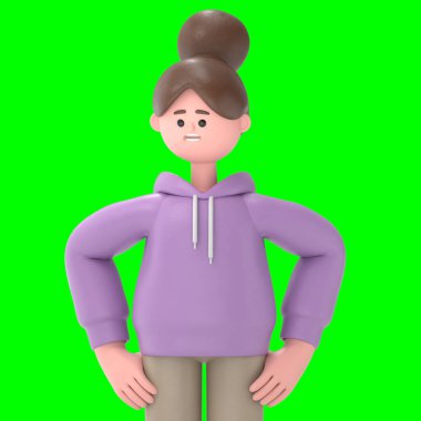 Asyalı kız Renae 'nin 3 boyutlu resmi üzücüdür. Yeşil Ekran Mockup.3D görüntüleme ve kırpma yolu için Yeşil Ekran.