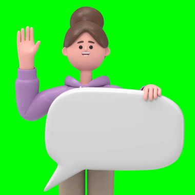 Asyalı kız Renae 'nin el kaldırarak 3D resmi, Yeşil Ekran' daki boş 3D görüntünün arkasında duruyor..
