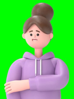 Asyalı kız Renae 'nin 3 boyutlu resmi üzücüdür. Yeşil Ekran Mockup.3D görüntüleme ve kırpma yolu için Yeşil Ekran.