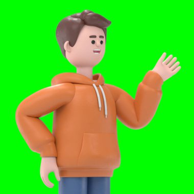 Erkek adam Qadir 'in 3 boyutlu resmi ekranı işaret ediyor, Yeşil Ekran Mockup3D görüntüleme ve kırpma yolu için Yeşil Ekran.