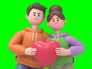 Sevecen çiftin 3 boyutlu görüntüsü kalp sembolü oluşturur. Yeşil Ekran Mockup3D görüntüleme ve kırpma yolu için Yeşil Ekran.